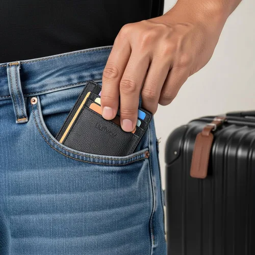 Vista 7 de Buffway - Billetera delgada minimalista de cuero con protección RFID para hombre y mujer, Lichee Negro