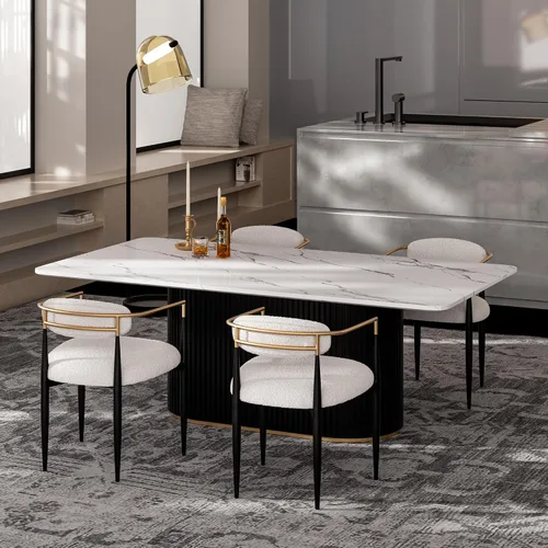 Vista 15 de Juego de mesa de comedor moderno Morden Fort para 4, mesa de cocina de 70" con tapa rectangular de mármol y base estriada negra, 4 sillas tapizadas