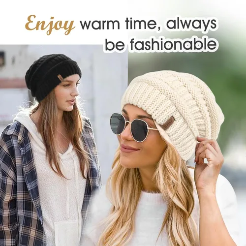 Vista 35 de FURTALK Gorros de invierno para mujer, con forro polar, gorro de punto holgado y cálido, gorro de esquí