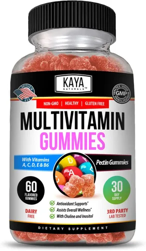 Vista 10 de Kaya Naturals Gomitas multivitamínicas para adultos, biotina, vitamina A, B-12, C y E, incluyendo zinc, ácido fólico, sabor a fresa - Multivitaminas
