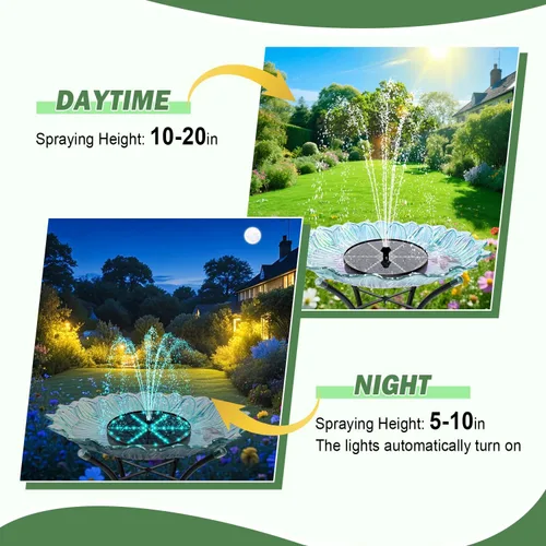 Vista 3 de Yzert Fuente solar mejorada para pájaros con 60 luces LED, bomba de fuente de agua con batería de 4000 mAh, 7 boquillas, 4 fijadores, para jardín