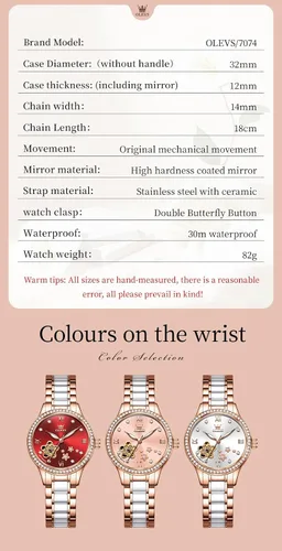Vista 5 de OLEVS Relojes automáticos para mujer, reloj de vestir de lujo con diamantes para mujer, correa de cerámica de cuerda automática, impermeable, juego