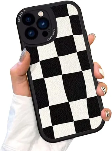 Vista 5 de Casechics Funda compatible con iPhone, diseño estético retro clásico a cuadros, tablero de ajedrez a cuadros, protección de lente de la cámara Negro