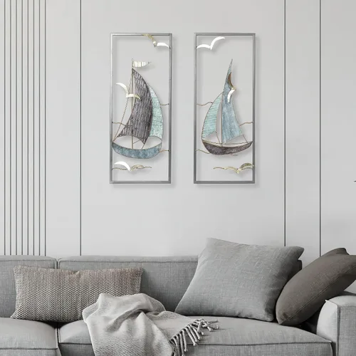 Vista 4 de DECO DE VILLE Diseño moderno contemporáneo estilo náutico barco tema metal pared escultura marina decoración, velero-G