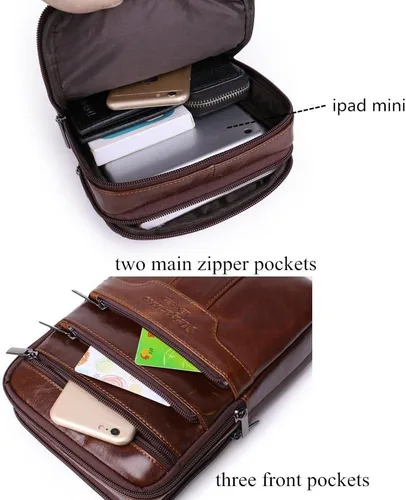 Vista 4 de Bolsa de hombro pequeña de cuero para hombre, bolsa cruzada de viaje para negocios, bolsa cruzada para teléfono, cartera para campamento, mochila