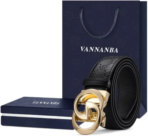 Vista 5 de VANNANBA Cinturones de trinquete de cuero para hombre, hebilla automática con caja de cinturón, regalo para hombres