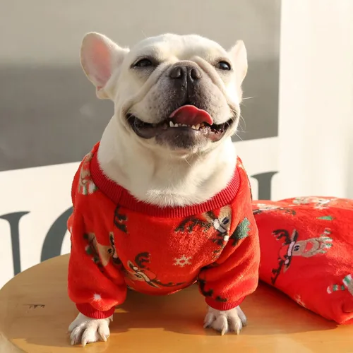 Vista 4 de Ropa para perros, pijamas de Navidad para perros, ropa de bulldog francés, abrigos cálidos con patrón de ciervos para cachorros, perros pequeños
