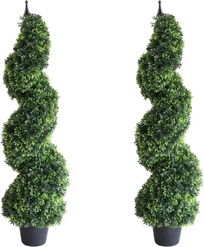 Vista 9 de Damomo Topiarios artificiales para exteriores, árbol topiario de boj en espiral sintético, 3 pies (2 piezas) planta exterior para decoración verde