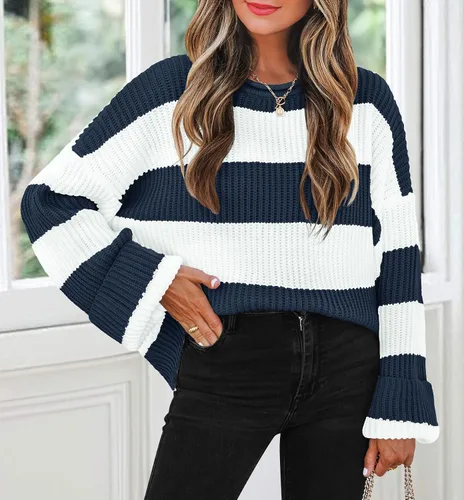 Vista 10 de ZESICA Suéter tejido sin botones de manga larga y cuello redondo, a rayas, bloques de color, cómodo, holgado, talla extragrande para mujer de 2024