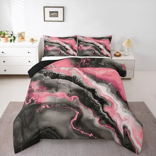 Vista 37 de Feelyou Juego de edredón abstracto para todas las estaciones, juego de ropa de cama negro y azul con 1 funda de almohada con estampado de mármol