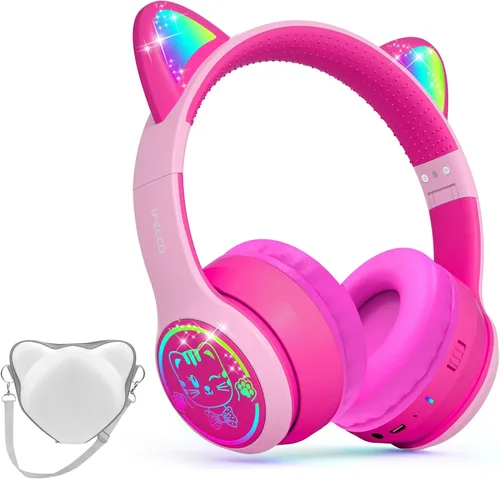 Vista 15 de IFECCO - Auriculares inalámbricos para niños con funda, linda oreja de gato con luz LED, tiempo de reproducción de 50 horas, volumen seguro