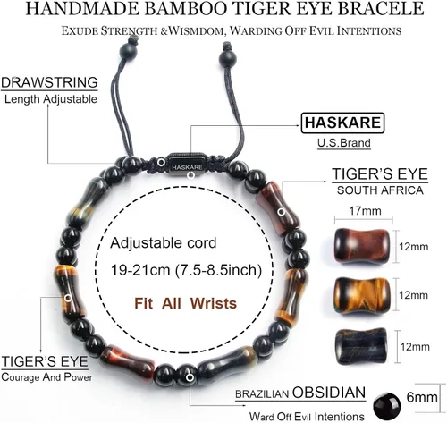 Vista 5 de HASKARE Healing Crystals Tiger Eye Bracelets for Men, Mens Jewelry Beads Protection Crystal Tigers Eye Bracelet, Genuine Stone Bead Bracelet Anxiety