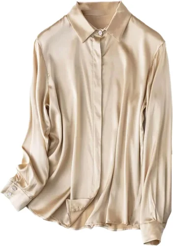 Vista 13 de Women's Satin Silk Buttons Down Long Sleeve Solid Dress Shirts Top Soft Blouse Collar Office Work