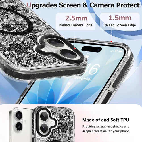 Vista 2 de OOK Funda magnética transparente para iPhone 17, lindo encaje floral negro Encaje Negro Floral