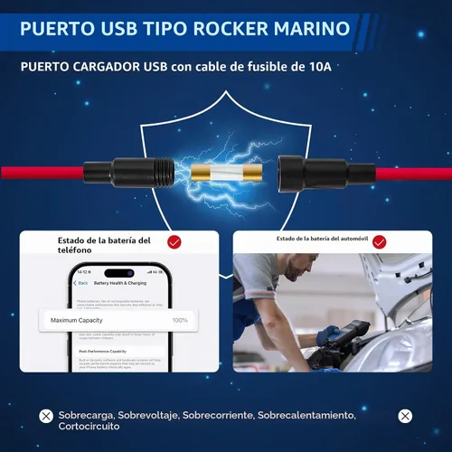 Vista 4 de Anina Cargador USB Dual Estilo Interruptor Basculante de 4.2A con Luz LED Azul, Puerto USB Impermeable con Fusible de 10A para Panel de Interruptor