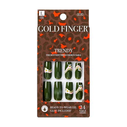 Vista 3 de Gold Finger - Kit de uñas postizas de cobertura completa con pegamento, diseño moderno, gel listo para usar, uñas medianas, largas y extralargas