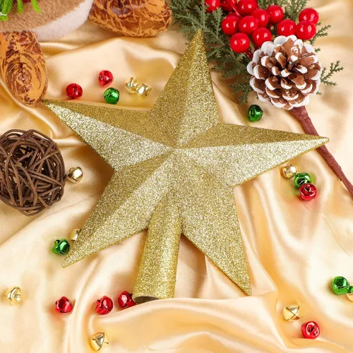 Vista 4 de URATOT Adorno de estrella de Navidad brillante para copa de árbol, decoración decorativa inastillable para árbol de Navidad, estrella dorada, 10 cm