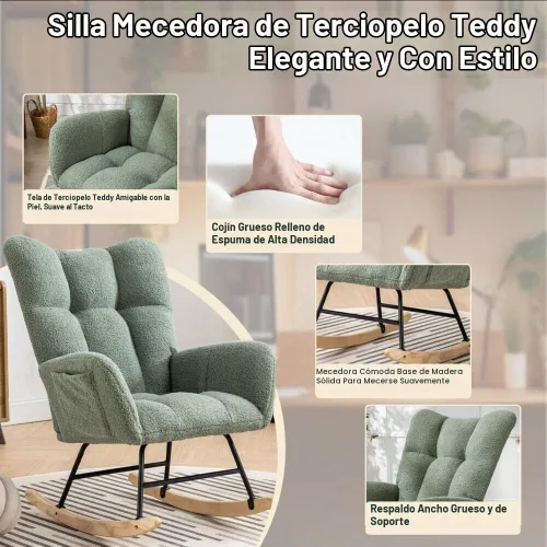 Vista 6 de Mecedora de cuarto de bebé con asiento deslizante tapizado en estilo oso de peluche, con respaldo alto, sillón acento con cómodo bolsillo lateral
