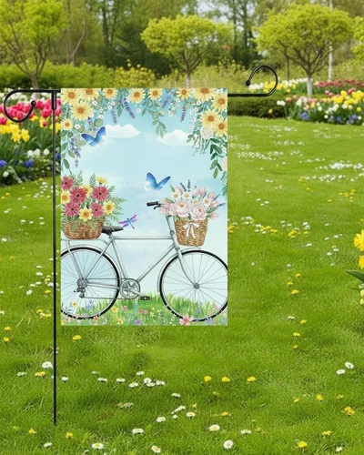Vista 3 de Bandera de bienvenida para primavera y verano para bicicleta, diseño de margaritas, mariposa, paisaje, jardín, patio, 12 x 18 pulgadas, poliéster