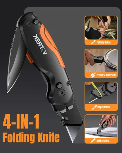 Vista 2 de Cuchillo utilitario plegable de 4 en 1, cuchillo de corte de caja multiherramienta con clip de cinturón, cuchillo de afeitar de cambio rápido