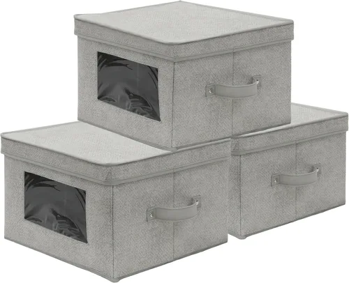 Vista 8 de Simple Houseware - Contenedor de almacenamiento con ventana transparente, asas y tapa, paquete de 3, color gris