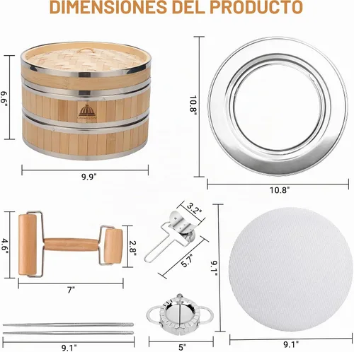 Vista 2 de Cesta para cocinar al vapor de bambú de 2 niveles Cesta para cocinar al vapor de bambú con forro reutilizable de silicona Kit de dim sum