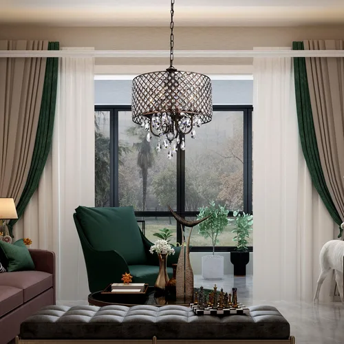 Vista 2 de Edvivi Marya - Candelabro de cristal con 4 luces, acabado de cobre antiguo, lámpara de techo ajustable con pantalla redonda de cristal para sala