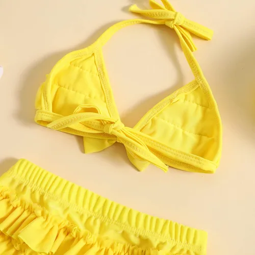 Vista 8 de Yccutest Traje de baño de flores para bebé, 3 piezas, parte superior triangular, parte inferior con volantes, sombrero para el sol, conjunto