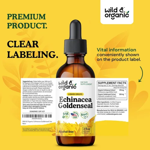 Vista 9 de Wild & Organic Echinacea Goldenseal - Suplemento de apoyo inmunológico con extracto de raíz de equinácea de sello dorado, tintura vegana, sin azúcar