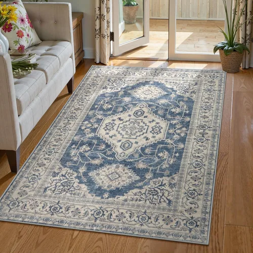 Vista 30 de Lahome Alfombra oriental lavable de área pequeña, 2 x 3 pies, para entrada, cocina, ultra fina, suave, tapete antideslizante para puerta de Azul