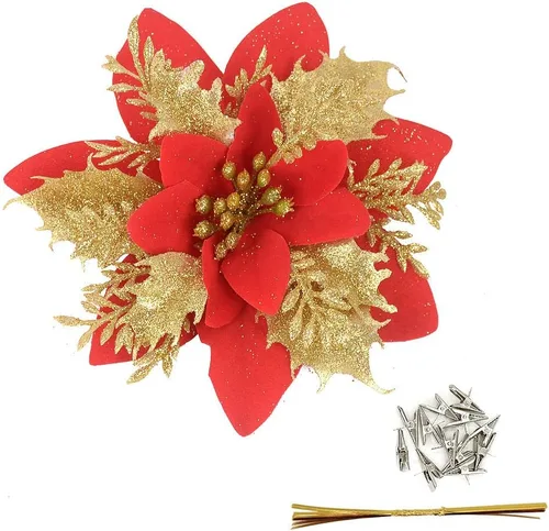 Vista 6 de Gardeningwill Paquete de 12 adornos colgantes dorados de 5 pulgadas con forma de flor con purpurina para fiestas