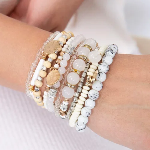 Vista 2 de RIAH FASHION Bohemian Multi-Layer Beaded Pendant Statement Stretch Strand Bracelet - Sparkly Bead Tassel Pom Pom Star Charm Stack Cuff Bangles