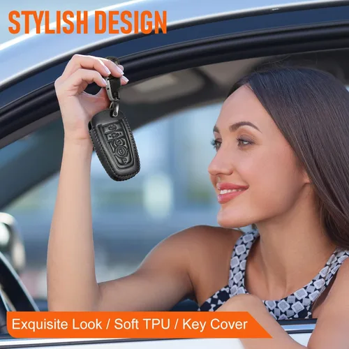 Vista 8 de Slohif Funda de cuero para llavero Ford para Edge Escape Expedition Explorer Fusion Mustang Ranger F-150 F-250 5 botones, funda de cuero+anillo en D
