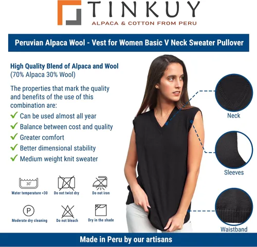 Vista 5 de TINKUY PERU - Chaleco de lana de alpaca con cuello en V para mujer, S-4XL