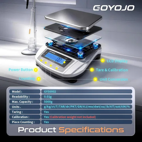 Vista 13 de GOYOJO Balanza analítica digital y escala de laboratorio, capacidad de 176.37 oz, precisión de 0.00 oz, acero inoxidable, multiunidad (g/oz/ct/lb)