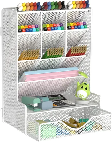 Vista 10 de BOHDK Organizador de bolígrafos para escritorio, organizador de escritorio multifuncional, soporte de pared para bolígrafos con cajón para la Negro