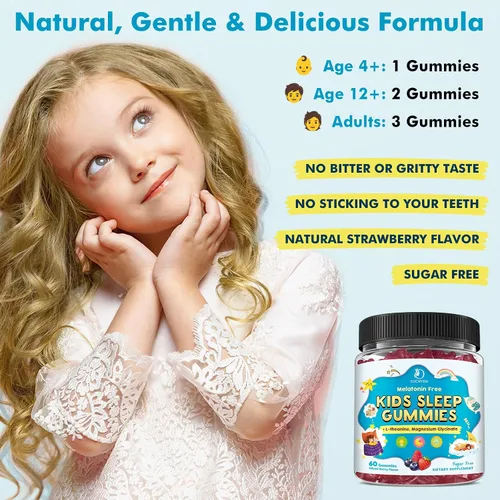 Vista 7 de Gomitas para dormir para niños con glicinato de magnesio, apoyo sin melatonina para dormir para niños, calma y relajación con L-teanina, GABA