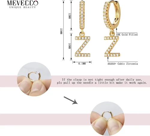 Vista 6 de Mevecco Aretes de aro de oro delicado de 18 quilates con circonita cúbica en pavé con iniciales A-Z de 26 letras personalizadas, diminutas colgantes