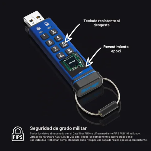 Vista 3 de iStorage datAshur PRO 4 GB Memoria USB encriptada Certificación FIPS 140-2 Nivel 3 Protegida con contraseña Resistente al polvo y al agua