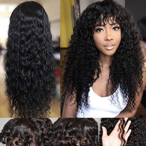Vista 3 de Peluca de cabello humano ondulado brasileño virgen, con flequillo, sin encaje frontal, 130% de densidad, sin pegamento, corte bob, hecha a máquina