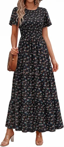 Vista 11 de PRETTYGARDEN - Vestido largo casual de verano para mujer, manga corta acampanada, bohemio, floral, cuello redondo, vestido blusón, escalonado