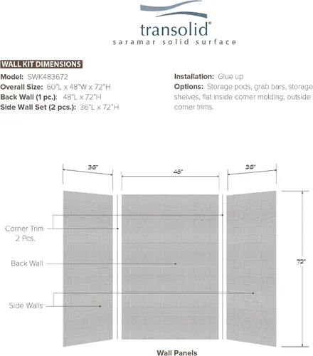 Vista 4 de Transolid SWK483672-27 SaraMar - Kit de pared de ducha de 3 piezas con pegamento a pared, 36 x 48 x 72 pulgadas, color gris playa