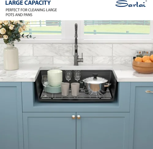 Vista 7 de Sarlai 33 Fregadero de cocina compuesto de granito - 33 x 19 pulgadas Granito negro bajo encimera Fregadero de trabajo de borde negro mate Granito