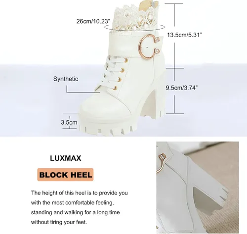 Vista 2 de LUXMAX Botines de tacón de bloque para mujer, con cordones, plataforma gruesa, bonitos botines cortos