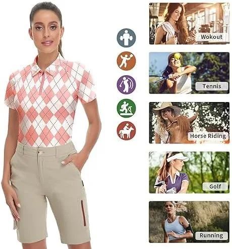 Vista 4 de Soneven Camisa de golf de manga corta para mujer, absorbe la humedad, atlética, para golf, tenis, ajuste seco