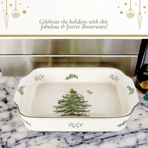 Vista 6 de Spode Plato rectangular con mango de árbol de Navidad (9 x 12 pulgadas) para hornear y platos de temporada, apto para loza, microondas