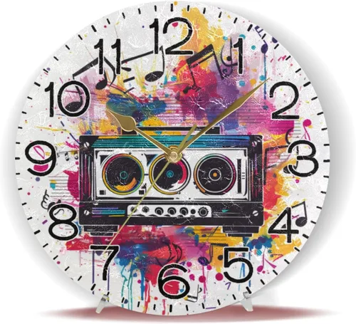 Vista 6 de Reloj de pared con notas musicales, funciona con pilas, sin tictac, cuarzo silencioso, analógico, rústico, rústico, reloj redondo, decoración retro