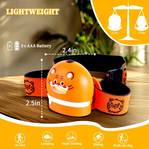 Vista 5 de KunHe Paquete de 8 Linternas Frontales LED para Niños con Diseños de Animales, Linterna Frontal Ajustable para Acampar, Correr, Rellenos