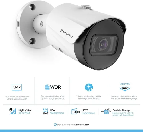 Vista 4 de Amcrest Sistema de cámara de seguridad de 5MP, 4K 8CH PoE NVR, (4) x 5 megapíxeles lente gran angular de 0.110 in resistente a la intemperie cámaras