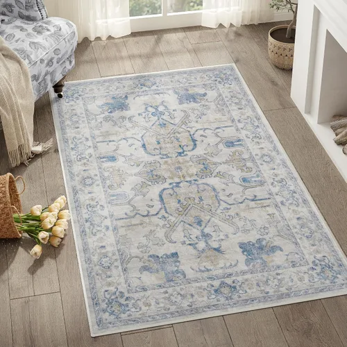 Vista 214 de jinchan Lima - Alfombra simétrica floral geométrica lavable, alfombra de entrada de medio círculo de 2 x 3, alfombra de media luna, suave y Azul